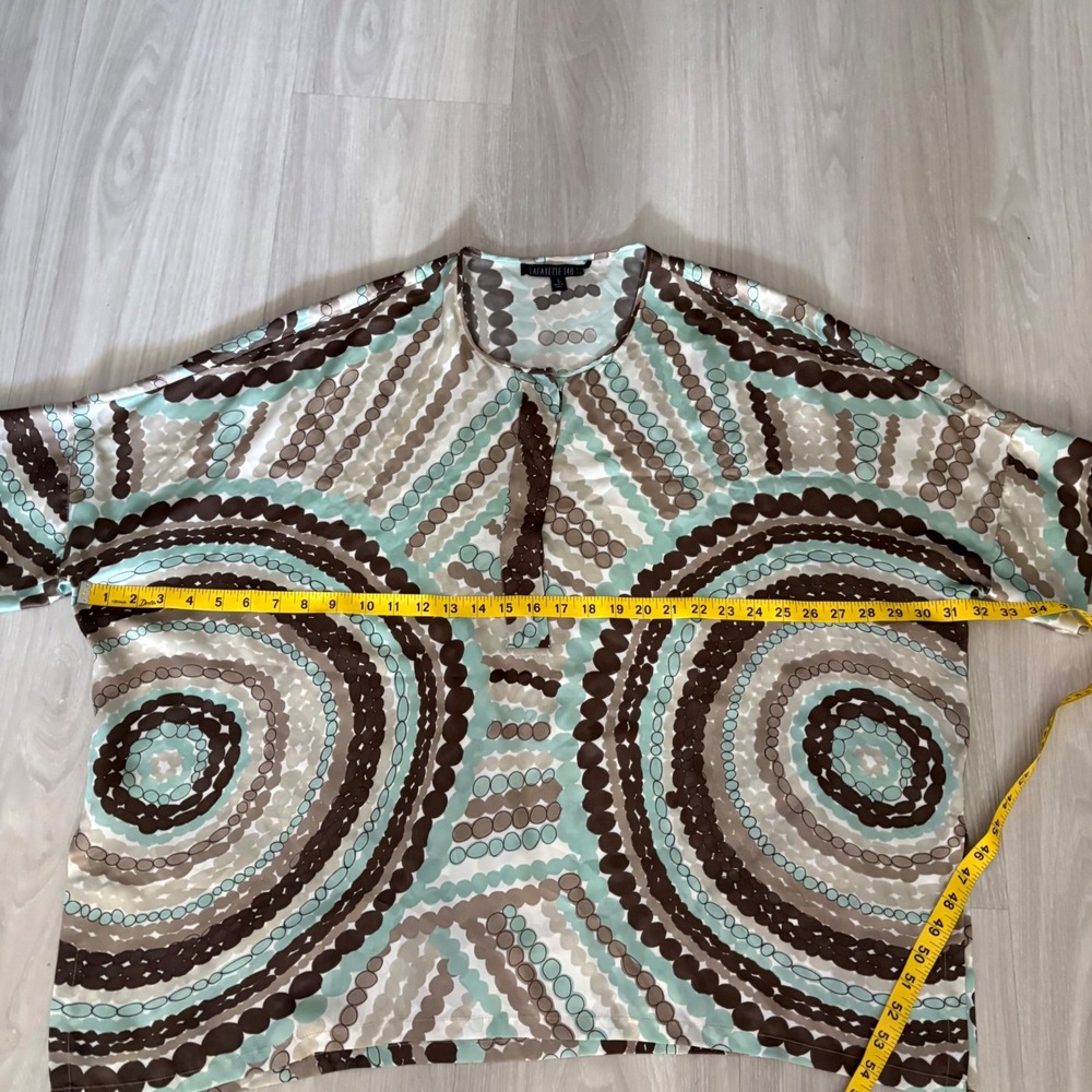 Lafayette 148 New York Women Blouse Silk Geometric Circle Print Teal Brown Siz L - Picture 5 of 9